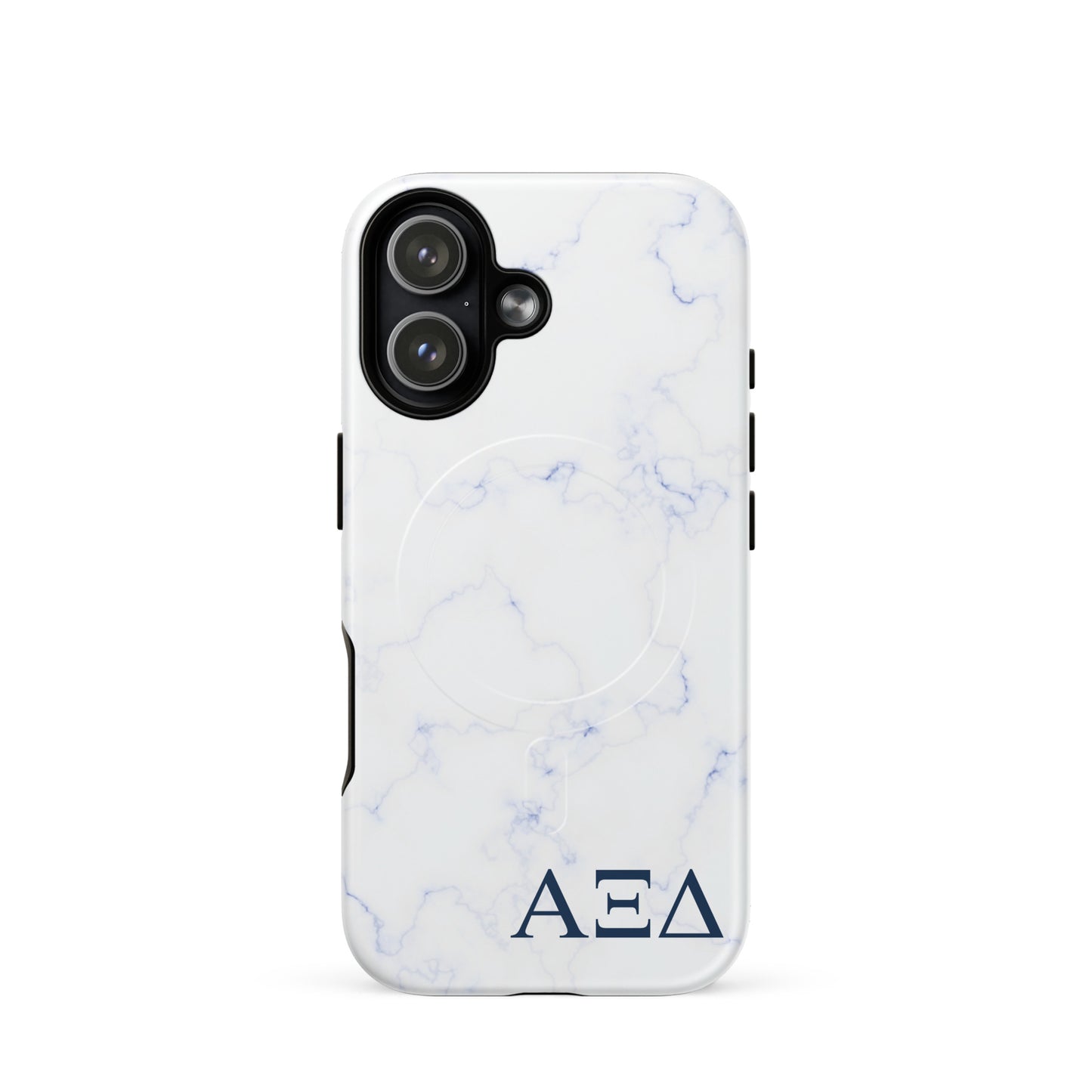 Alpha Xi Delta Greek letter phone case in blue marble design, lightweight protective iPhone 17 case with MagSafe ring and smooth finish