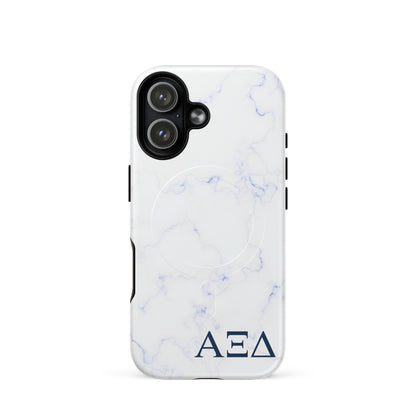 Alpha Xi Delta Greek letter phone case in blue marble design, lightweight protective iPhone 17 case with MagSafe ring and smooth finish