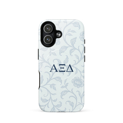 Alpha Xi Delta floral toile iPhone 17 case with Greek letters and MagSafe ring, elegant blue pattern protective phone case