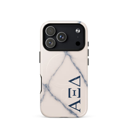 Alpha Xi Delta iPhone 17 Pro case with blue vein marble pattern and vertical Greek letters, durable slim cover with MagSafe compatibility