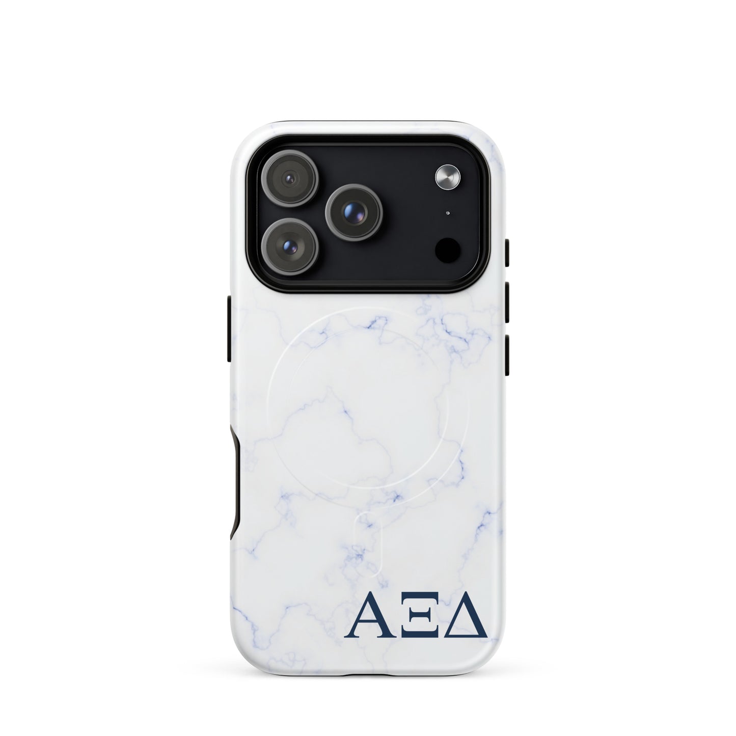 Alpha Xi Delta iPhone 17 Pro case with light blue marble pattern and Greek letters, durable slim cover with MagSafe compatibility and glossy finish