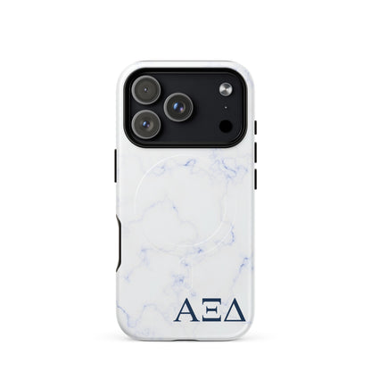 Alpha Xi Delta iPhone 17 Pro case with light blue marble pattern and Greek letters, durable slim cover with MagSafe compatibility and glossy finish