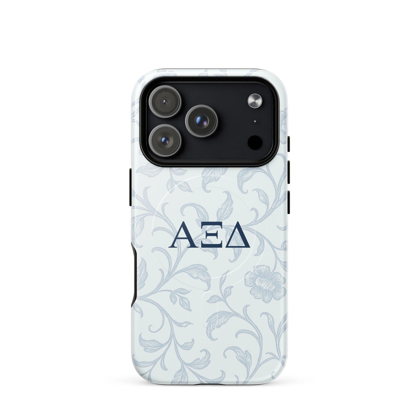 Alpha Xi Delta iPhone 17 Pro case with blue floral toile design and Greek letters, slim durable cover with MagSafe compatibility