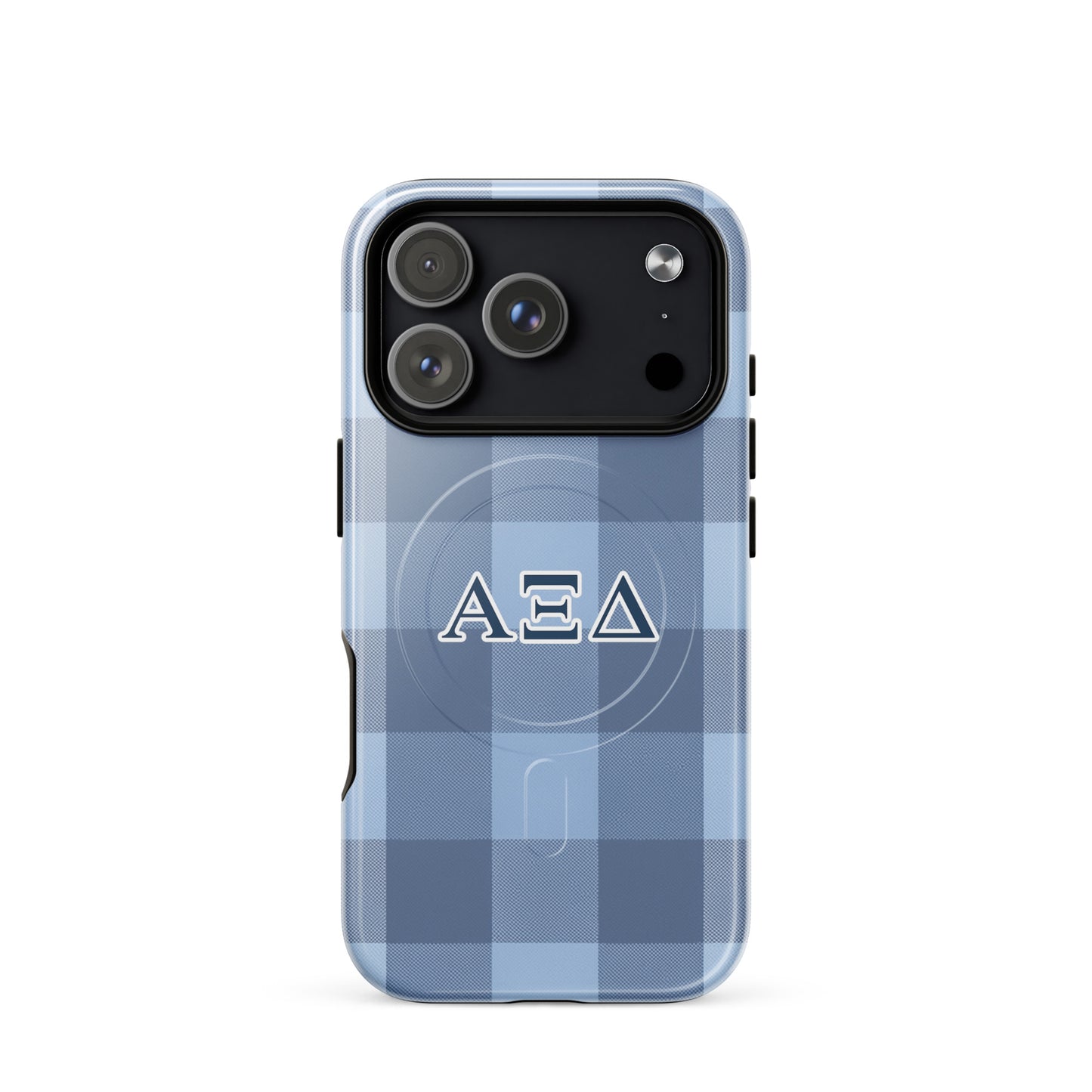 Alpha Xi Delta iPhone 17 Pro case with blue plaid pattern and Greek letters, slim durable cover with MagSafe compatibility and preppy style 