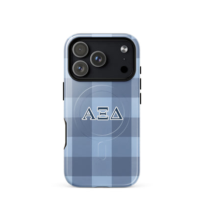 Alpha Xi Delta iPhone 17 Pro case with blue plaid pattern and Greek letters, slim durable cover with MagSafe compatibility and preppy style 