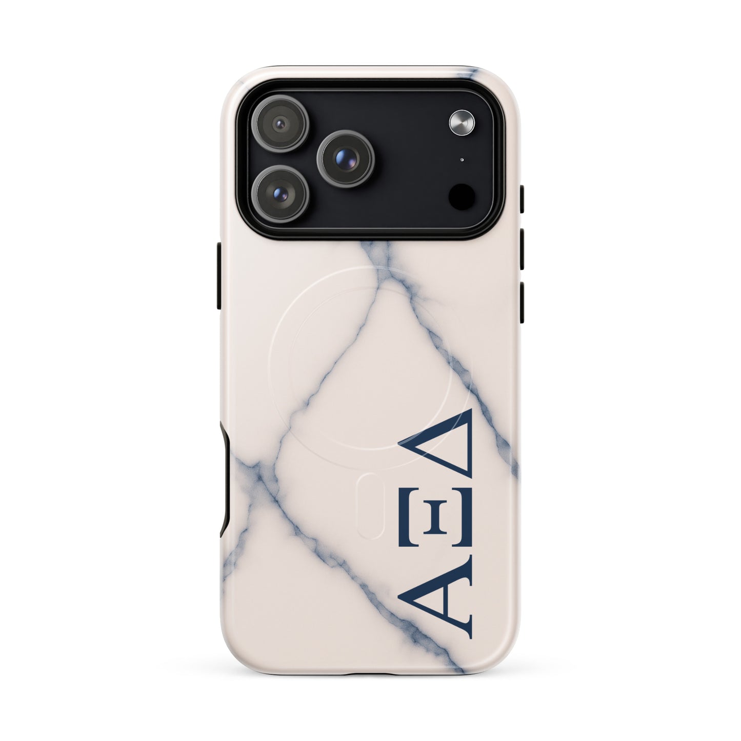 Alpha Xi Delta blue vein marble iPhone 17 Pro Max case with Greek letters and MagSafe ring, slim protective phone case with elegant stone design