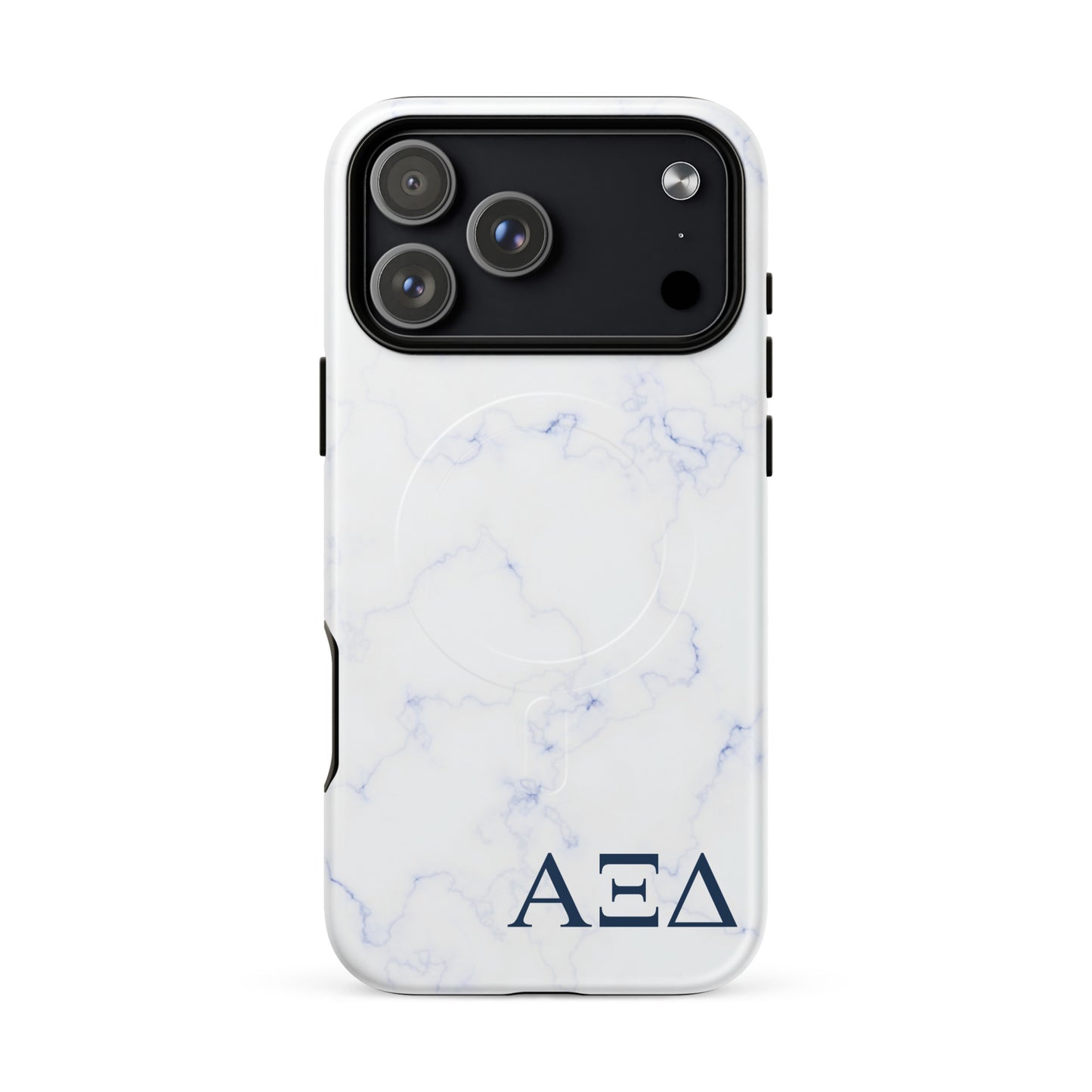Alpha Xi Delta blue marble iPhone 17 Pro Max case with Greek letters and MagSafe ring, slim protective phone case with soft blue aesthetic design
