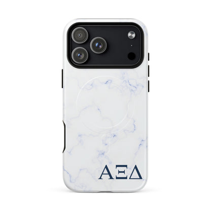 Alpha Xi Delta blue marble iPhone 17 Pro Max case with Greek letters and MagSafe ring, slim protective phone case with soft blue aesthetic design