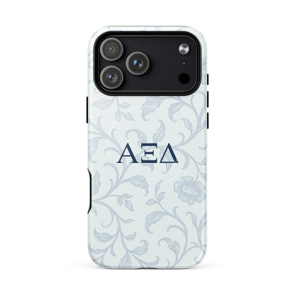 Alpha Xi Delta Greek letter phone case in blue floral toile pattern, lightweight protective iPhone 17 Pro Max case with MagSafe ring