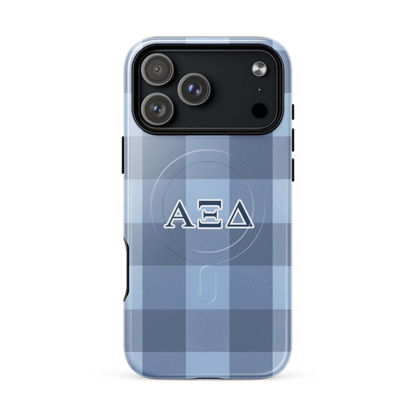 Alpha Xi Delta Greek letter phone case in blue plaid design, lightweight protective iPhone 17 Pro Max case with MagSafe ring and classic look