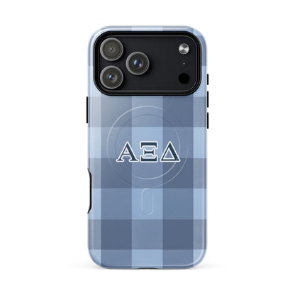 Alpha Xi Delta Greek letter phone case in blue plaid design, lightweight protective iPhone 17 Pro Max case with MagSafe ring and classic look