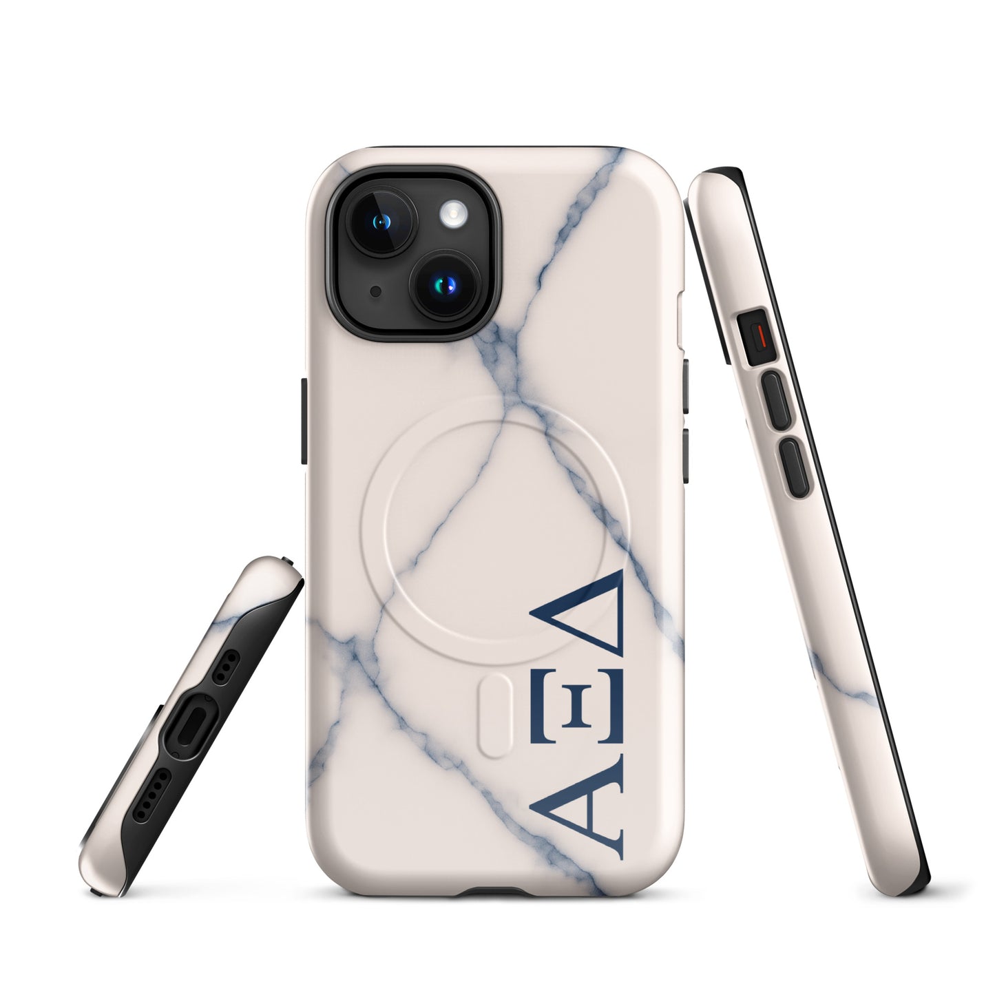 Alpha Xi Delta blue vein marble iPhone case with Greek letters and MagSafe ring, slim protective phone case with elegant stone design front and side view