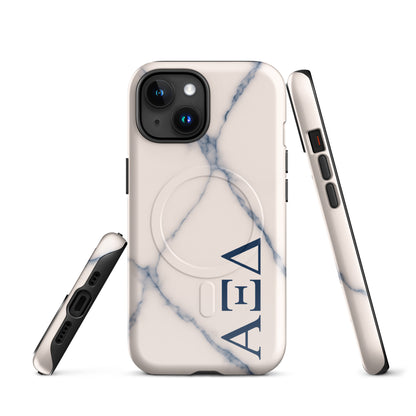 Alpha Xi Delta blue vein marble iPhone case with Greek letters and MagSafe ring, slim protective phone case with elegant stone design front and side view