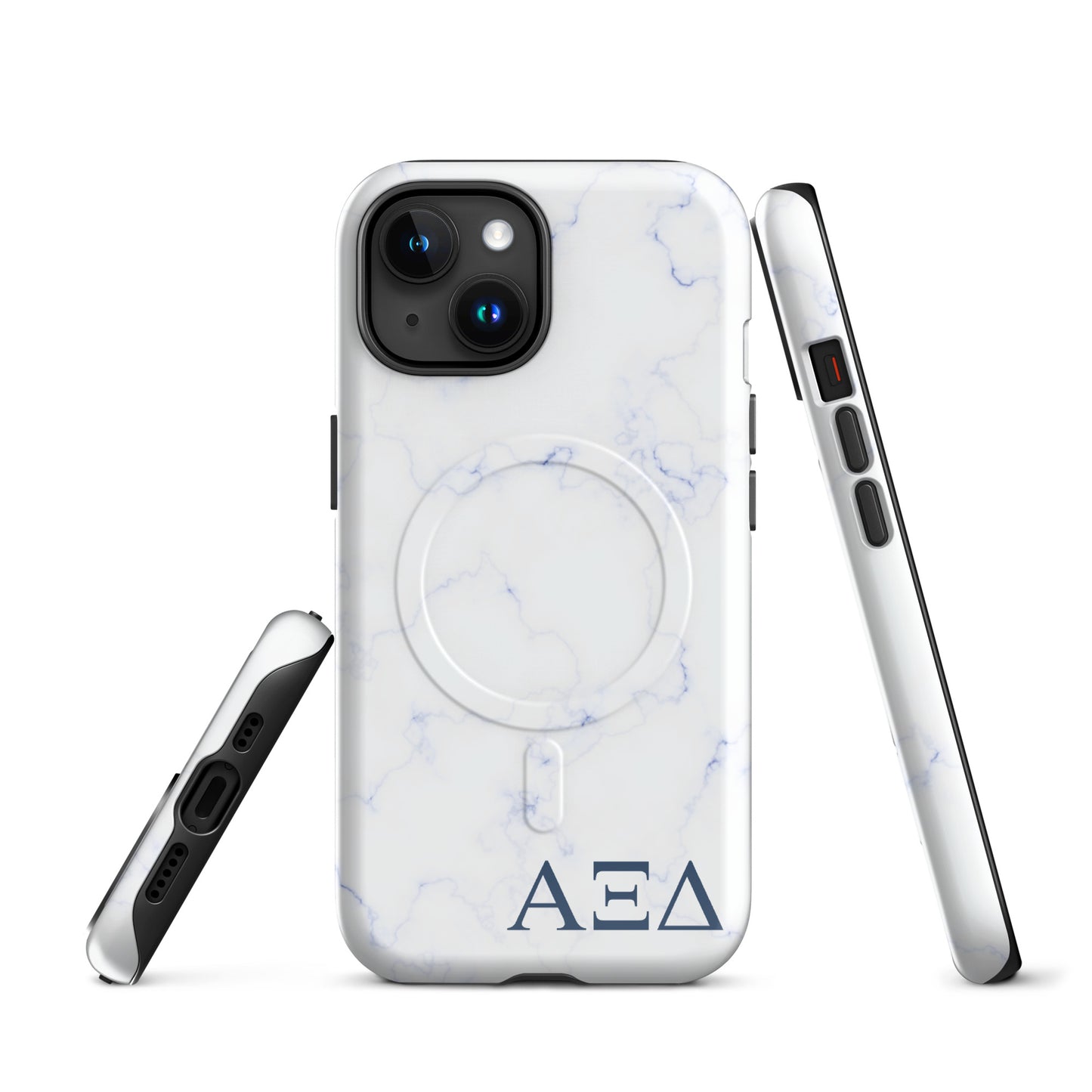 Alpha Xi Delta blue marble iPhone case with Greek letters and MagSafe ring, slim protective phone case with soft blue aesthetic design front and side views