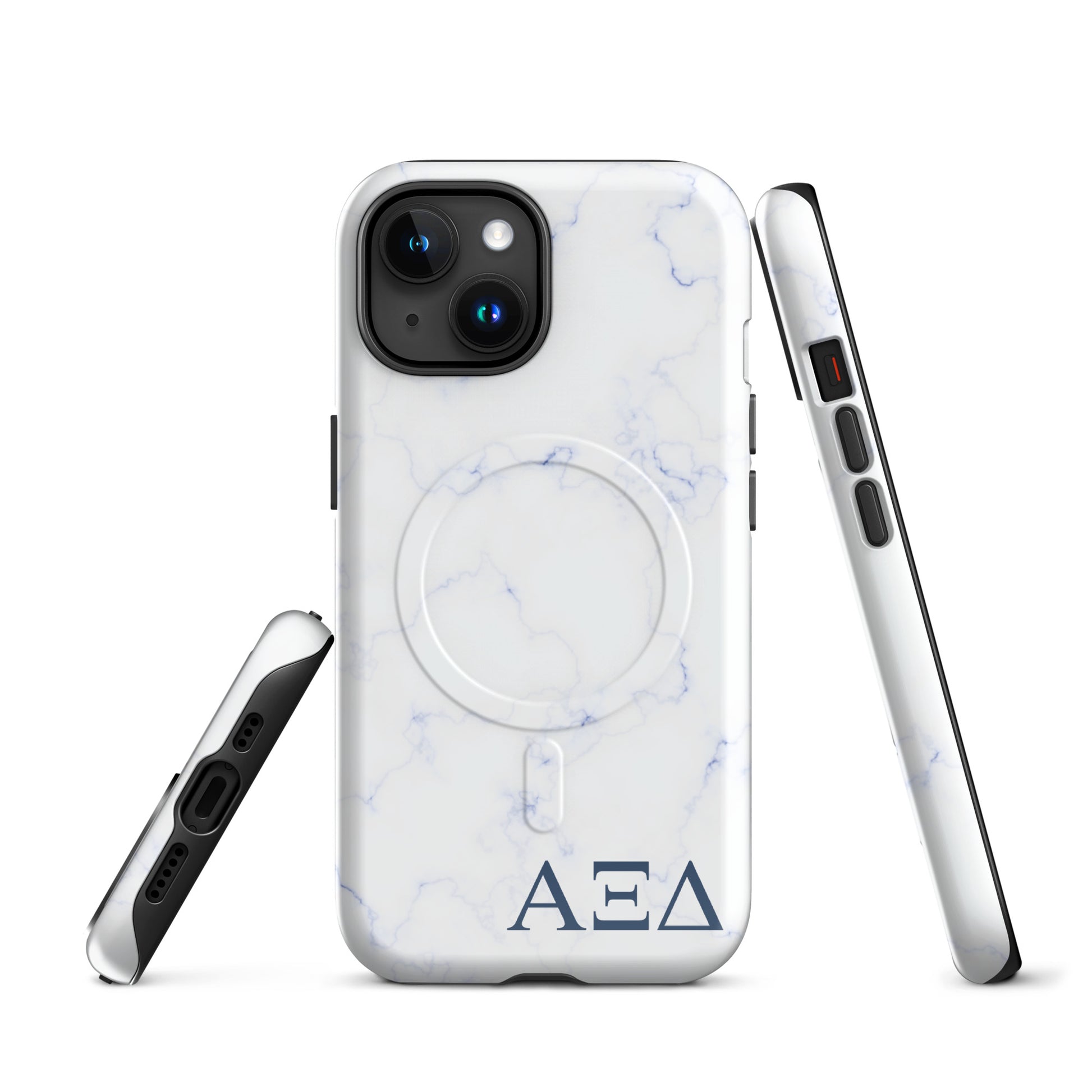 Alpha Xi Delta blue marble iPhone case with Greek letters and MagSafe ring, slim protective phone case with soft blue aesthetic design front and side views