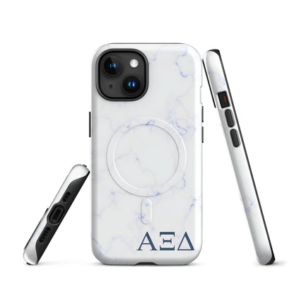Alpha Xi Delta blue marble iPhone case with Greek letters and MagSafe ring, slim protective phone case with soft blue aesthetic design front and side views
