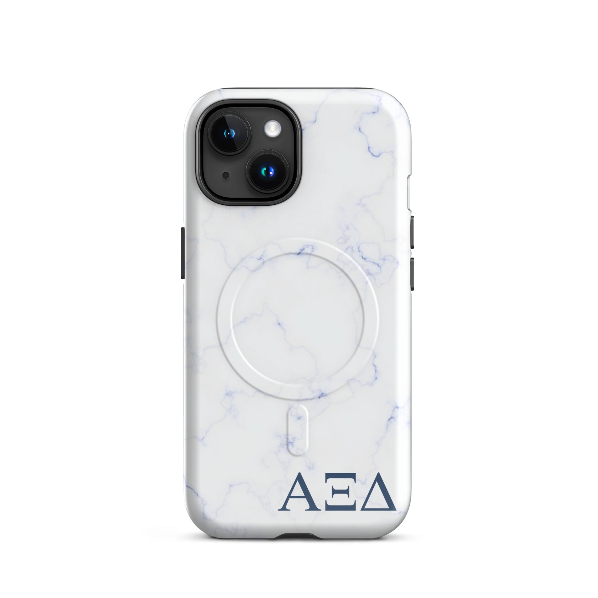 Alpha Xi Delta blue marble iPhone case with Greek letters and MagSafe ring, slim protective phone case with soft blue aesthetic design