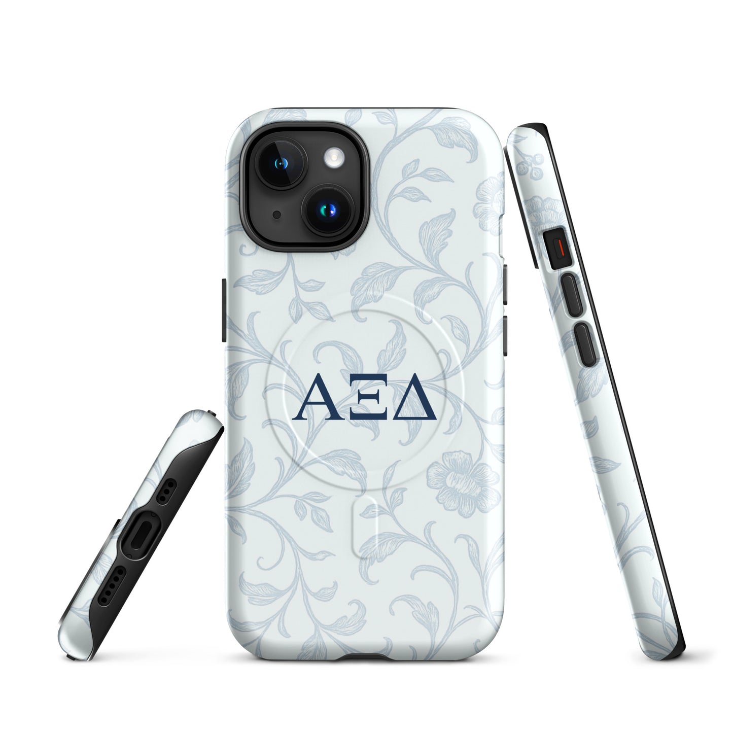 Alpha Xi Delta floral toile iPhone case with Greek letters and MagSafe ring, elegant blue pattern protective phone case front and side views.