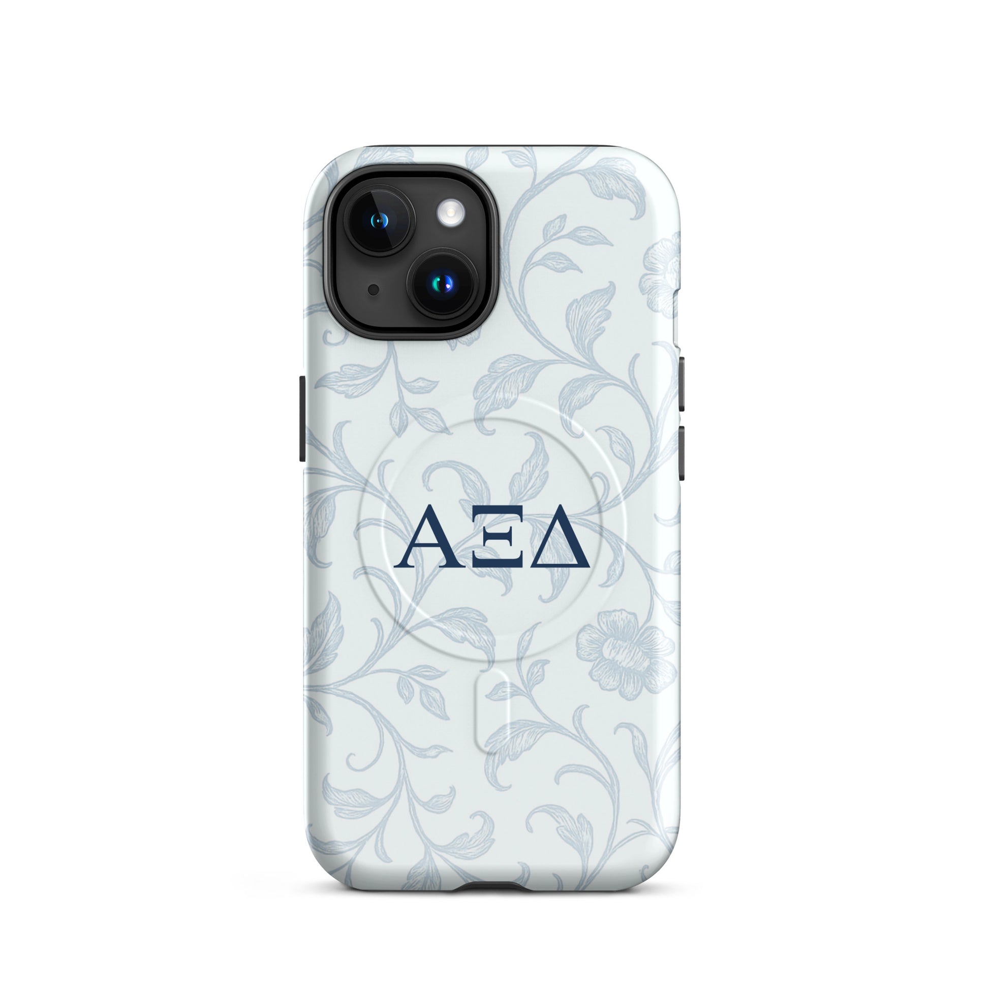 Alpha Xi Delta floral toile iPhone case with Greek letters and MagSafe ring, elegant blue pattern protective phone case