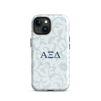 Alpha Xi Delta floral toile iPhone case with Greek letters and MagSafe ring, elegant blue pattern protective phone case