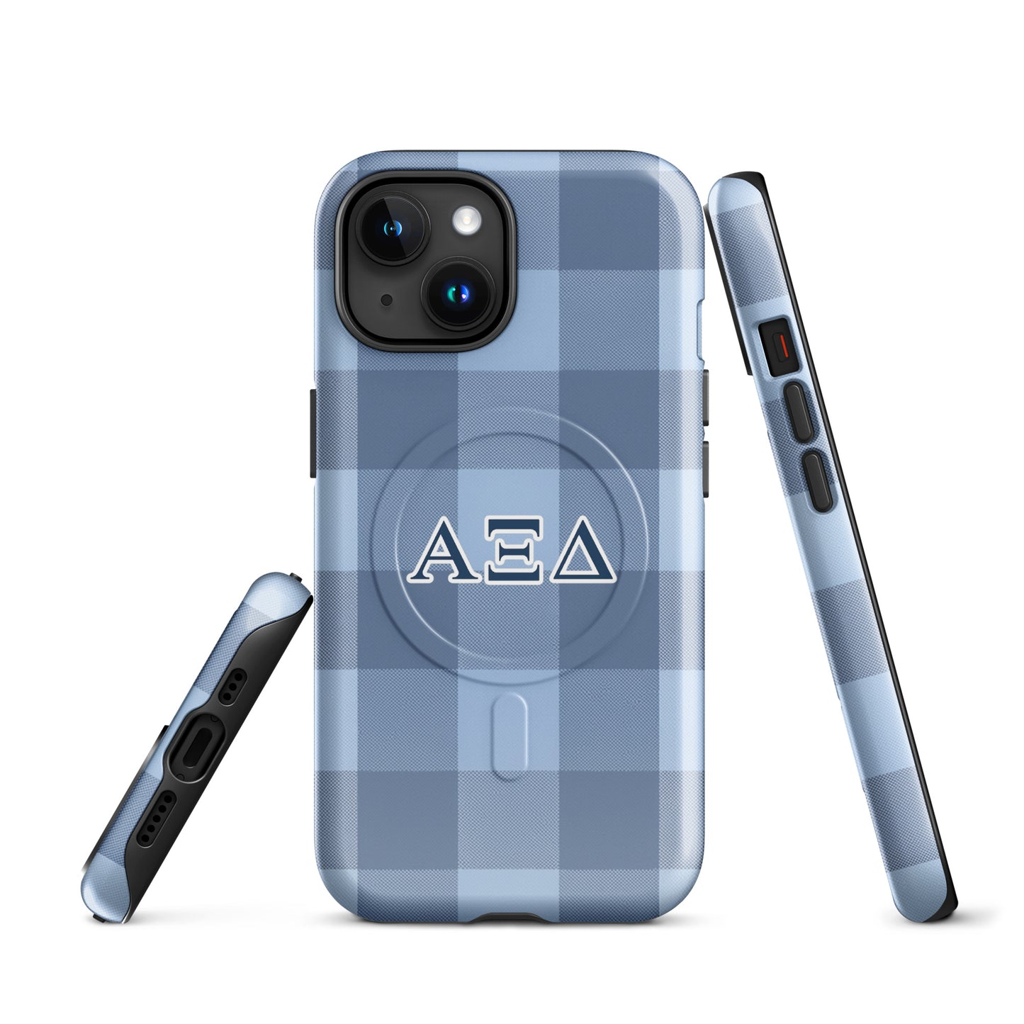 Alpha Xi Delta blue plaid iPhone case with Greek letters and MagSafe ring, preppy protective phone case with classic pattern front and side views