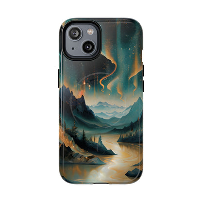 Aurora Dreamscape iPhone 14 MagSafe case featuring a glowing aurora borealis over a serene mountain landscape with a winding reflective river.