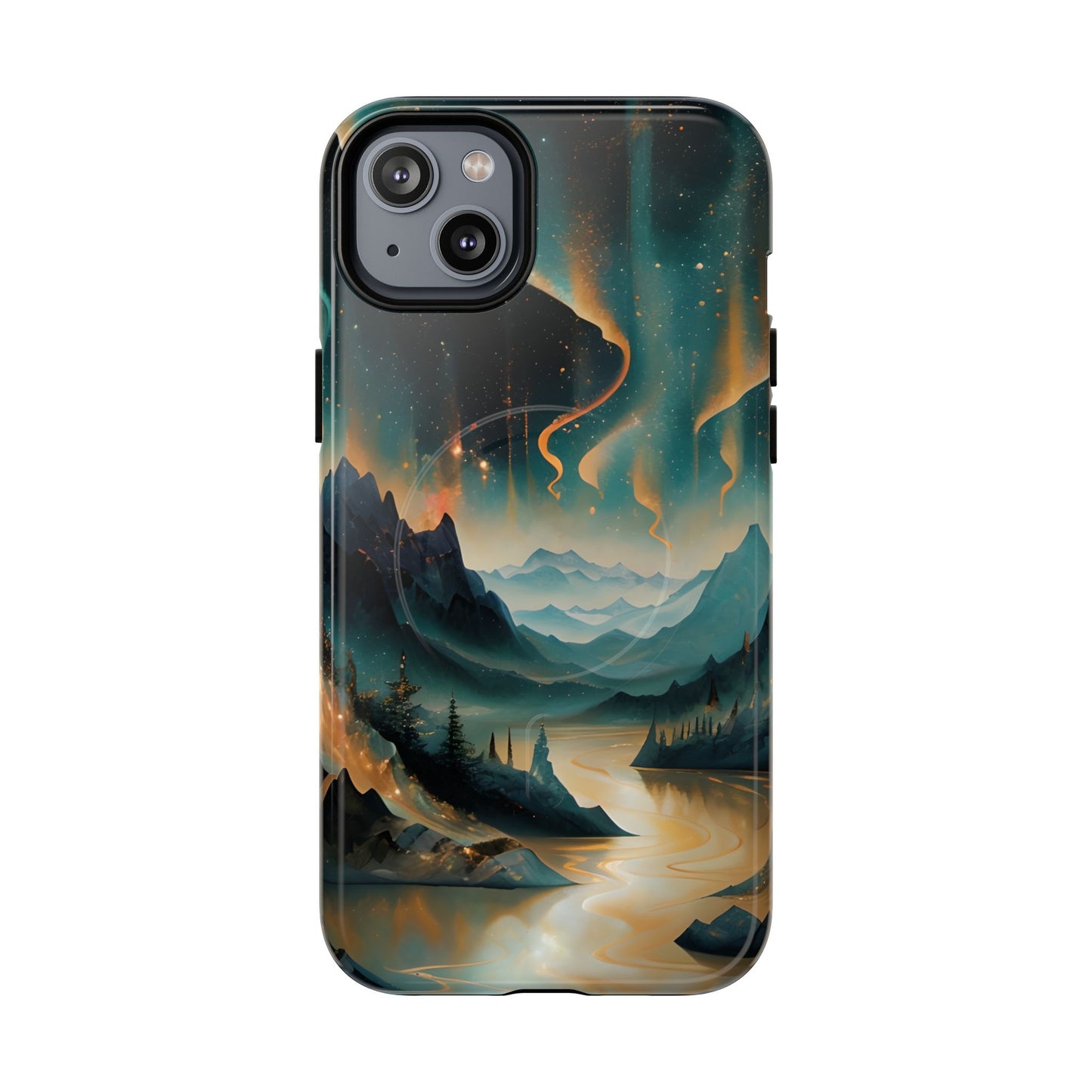 Aurora Dreamscape iPhone 14 Plus MagSafe case featuring a glowing aurora borealis over a serene mountain landscape with a winding reflective river.