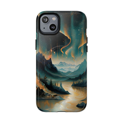 Aurora Dreamscape iPhone 14 Plus MagSafe case featuring a glowing aurora borealis over a serene mountain landscape with a winding reflective river.