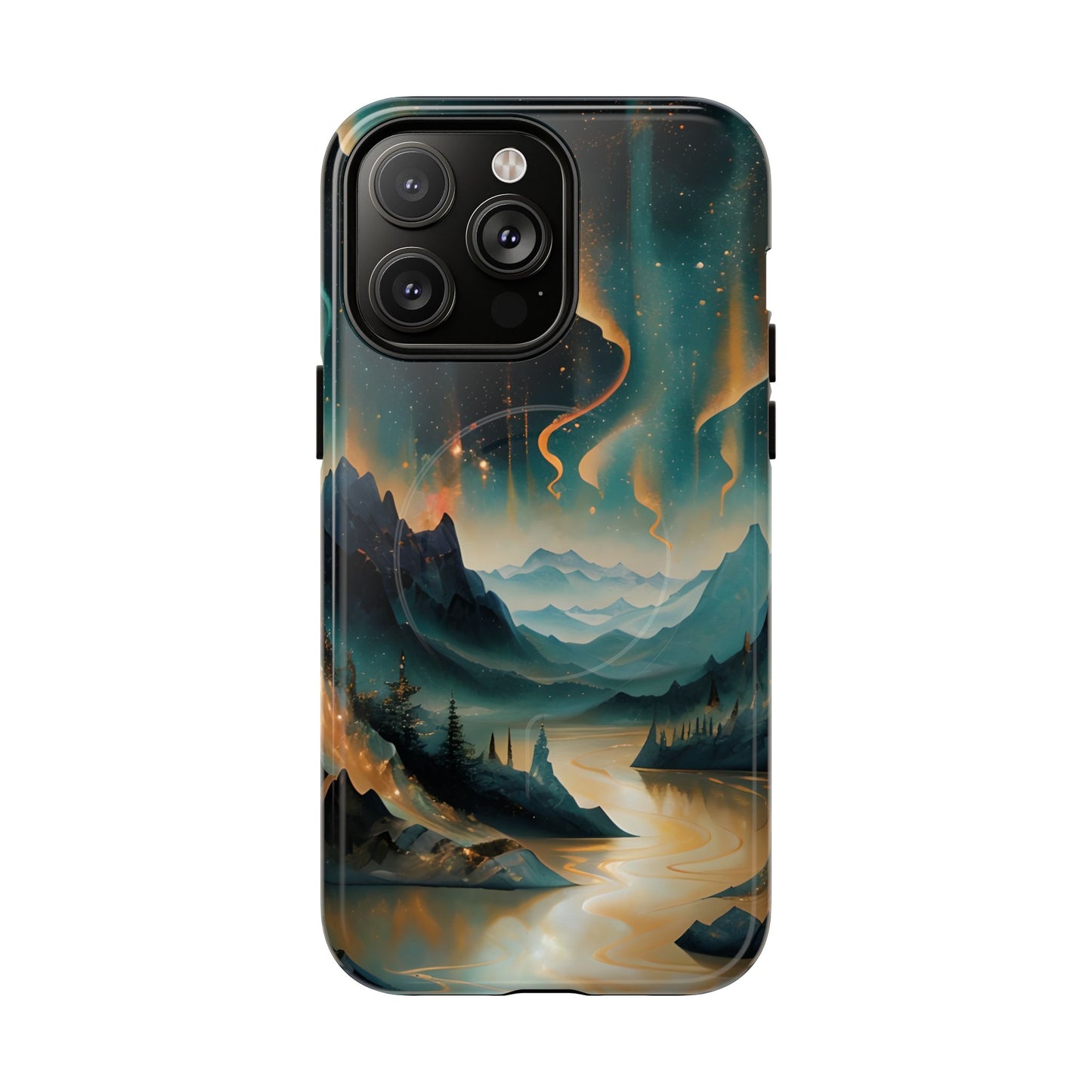Aurora Dreamscape iPhone 14 Pro Max MagSafe case featuring a glowing aurora borealis over a serene mountain landscape with a winding reflective river.