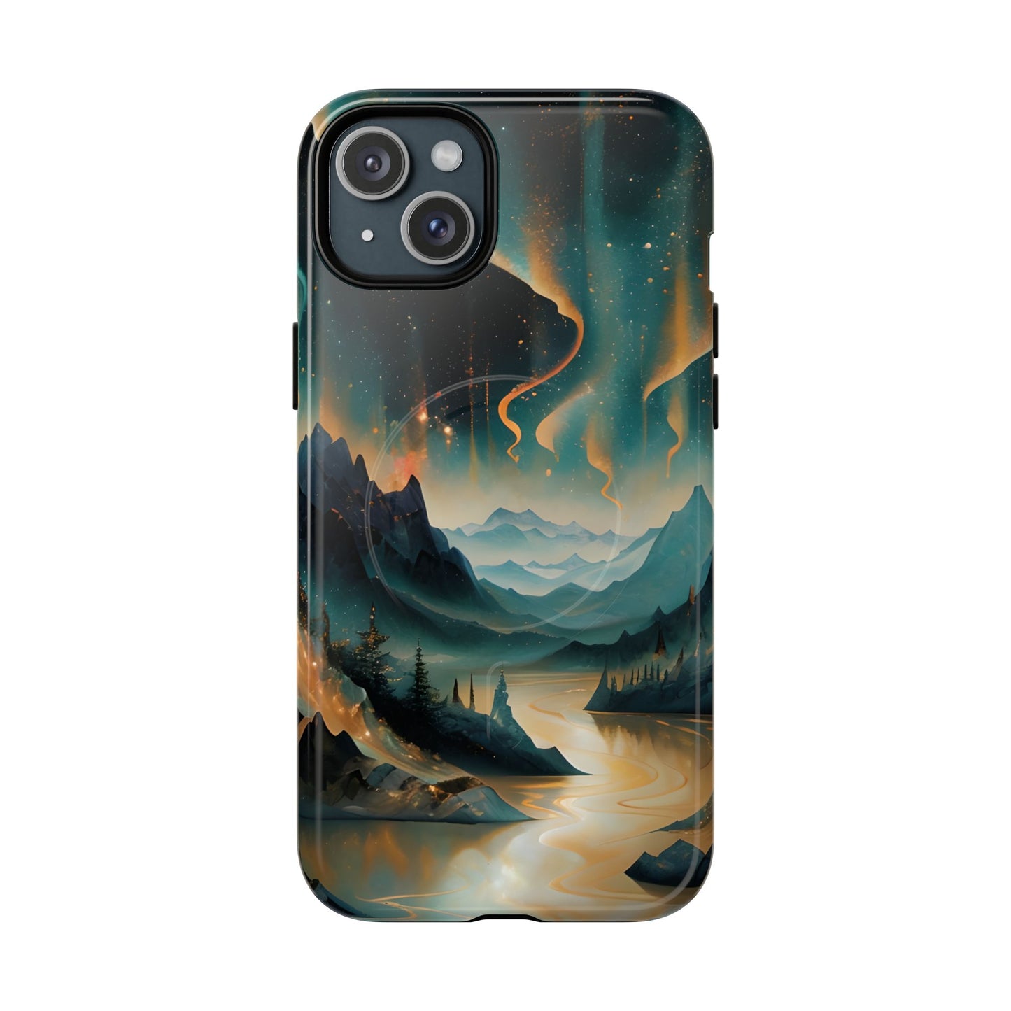 Aurora Dreamscape iPhone 15 Plus MagSafe case featuring a glowing aurora borealis over a serene mountain landscape with a winding reflective river.