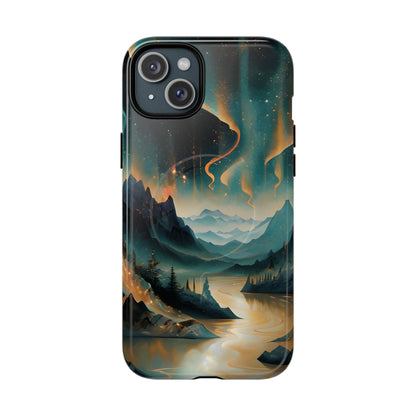 Aurora Dreamscape iPhone 15 Plus MagSafe case featuring a glowing aurora borealis over a serene mountain landscape with a winding reflective river.