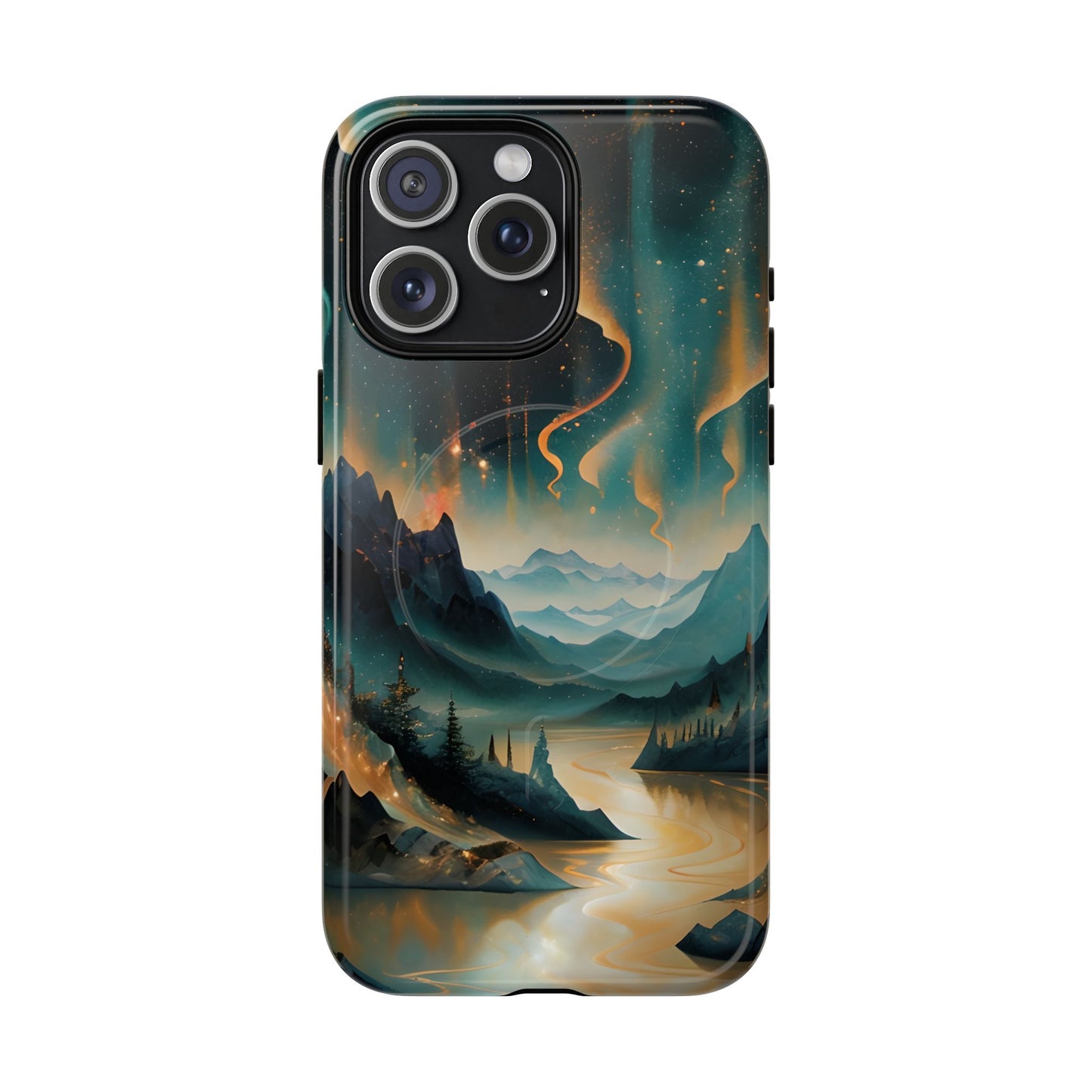Aurora Dreamscape iPhone 15 Pro Max MagSafe case featuring a glowing aurora borealis over a serene mountain landscape with a winding reflective river.