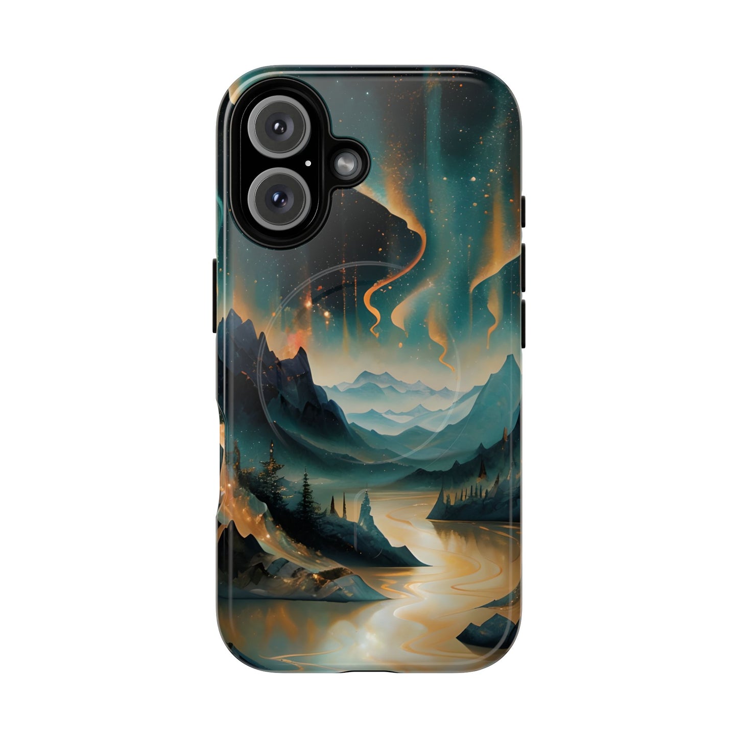 Aurora Dreamscape iPhone 16 MagSafe case featuring a glowing aurora borealis over a serene mountain landscape with a winding reflective river.