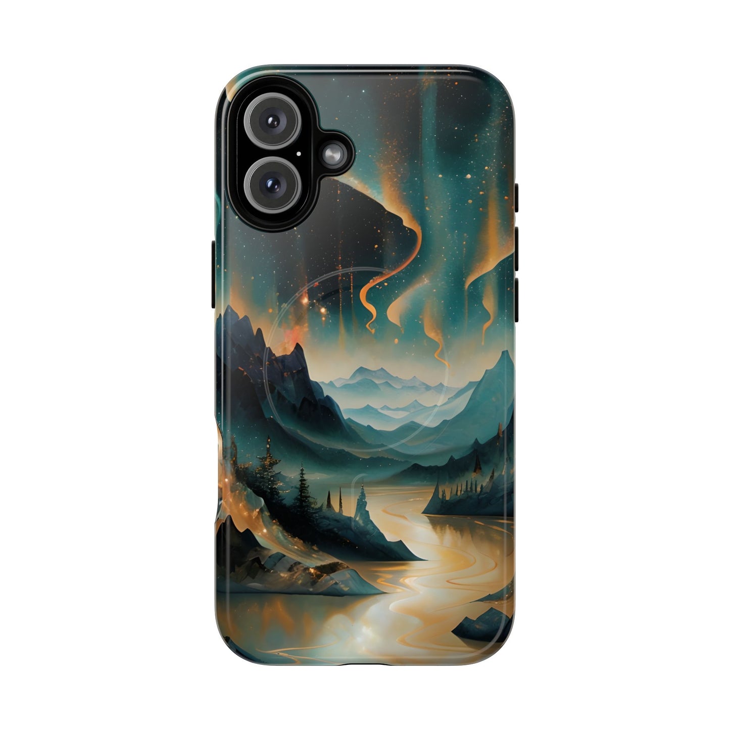 Aurora Dreamscape iPhone 16 Plus MagSafe case featuring a glowing aurora borealis over a serene mountain landscape with a winding reflective river.