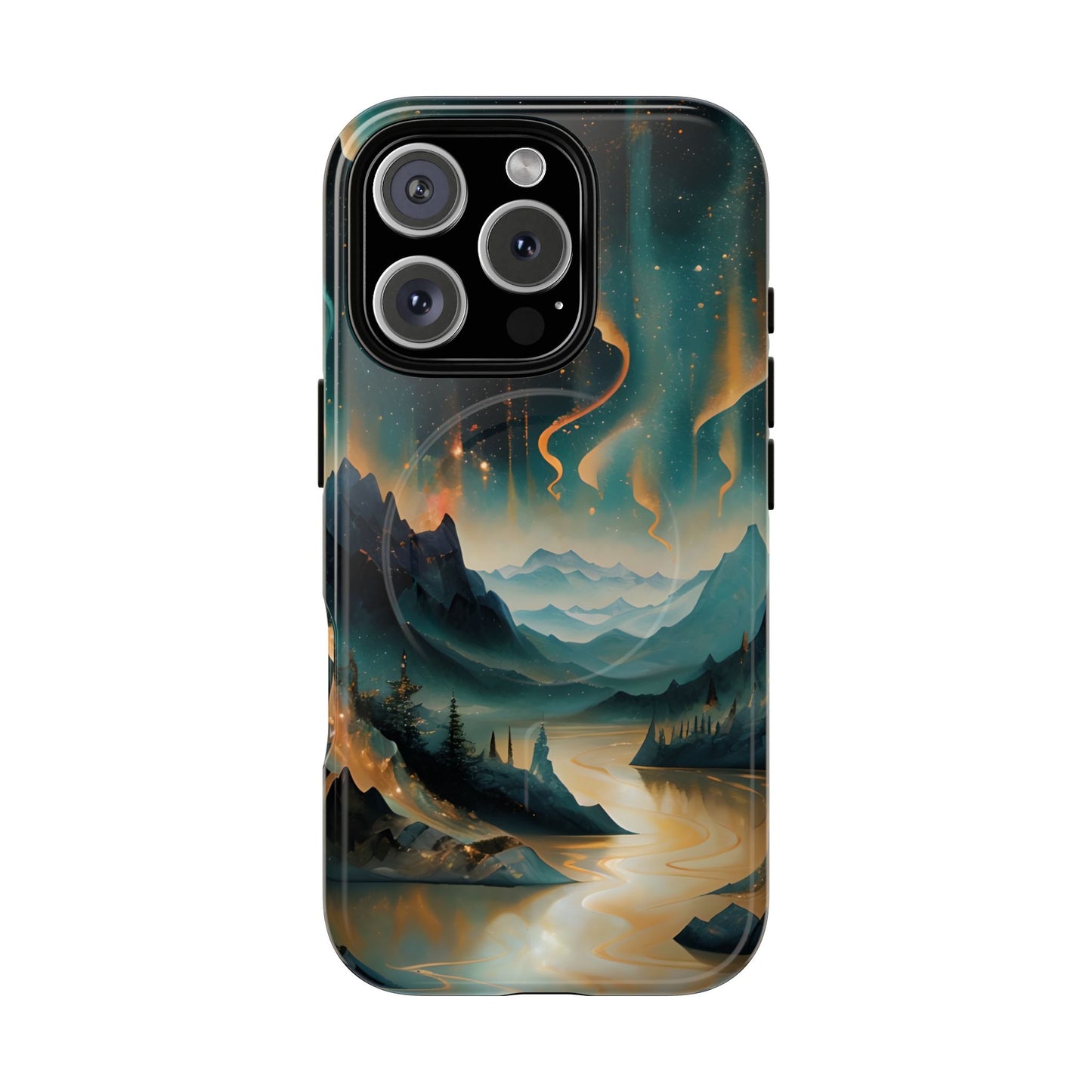 Aurora Dreamscape iPhone 16 Pro MagSafe case featuring a glowing aurora borealis over a serene mountain landscape with a winding reflective river.
