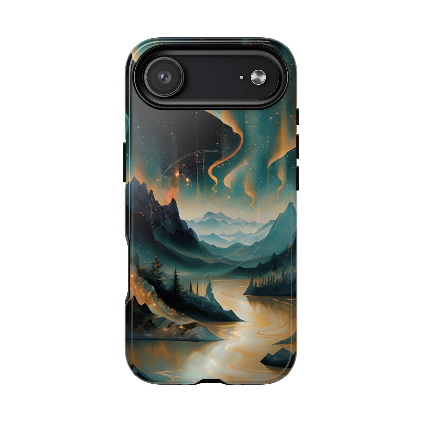Aurora Dreamscape iPhone 17 Air MagSafe case featuring a glowing aurora borealis over a serene mountain landscape with a winding reflective river.