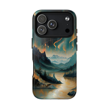 Aurora Dreamscape iPhone 17 Pro MagSafe case featuring a glowing aurora borealis over a serene mountain landscape with a winding reflective river.