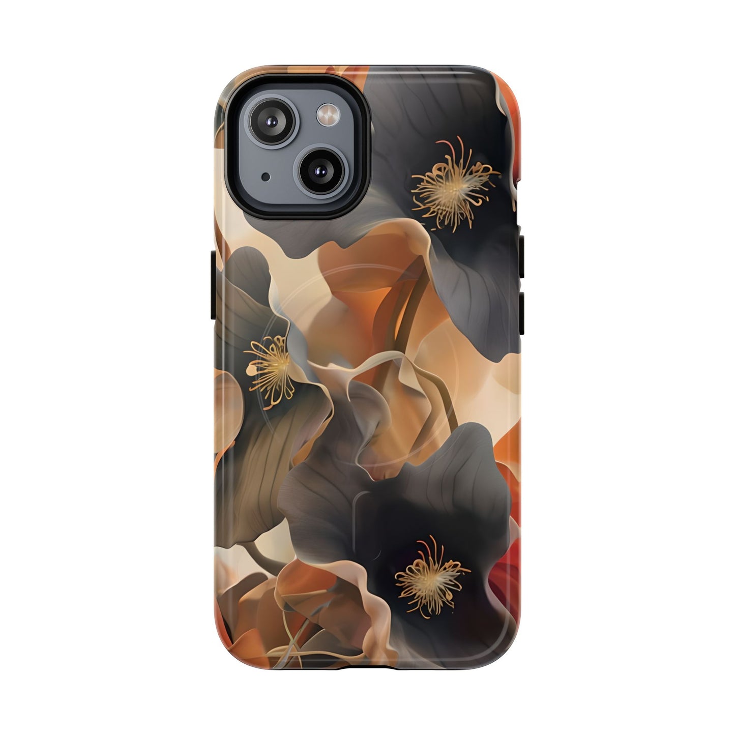 Autumn Ember iPhone 14 MagSafe case featuring soft floral shapes in warm fall tones of orange, brown, and charcoal with an elegant abstract style.