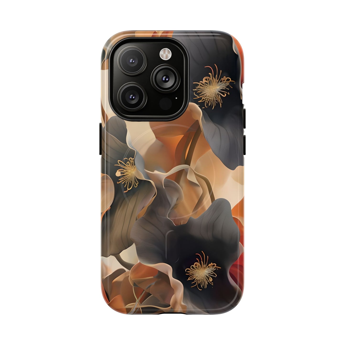 Autumn Ember iPhone 14 Pro MagSafe case featuring soft floral shapes in warm fall tones of orange, brown, and charcoal with an elegant abstract style.