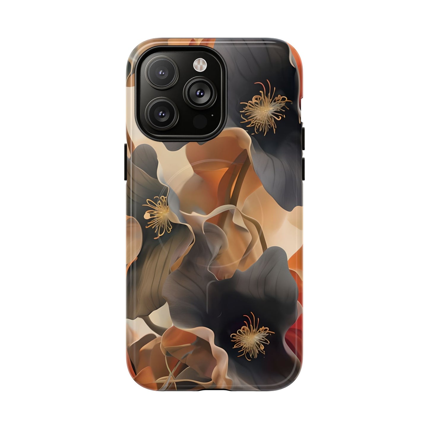 Autumn Ember iPhone 14 Pro Max MagSafe case featuring soft floral shapes in warm fall tones of orange, brown, and charcoal with an elegant abstract style.