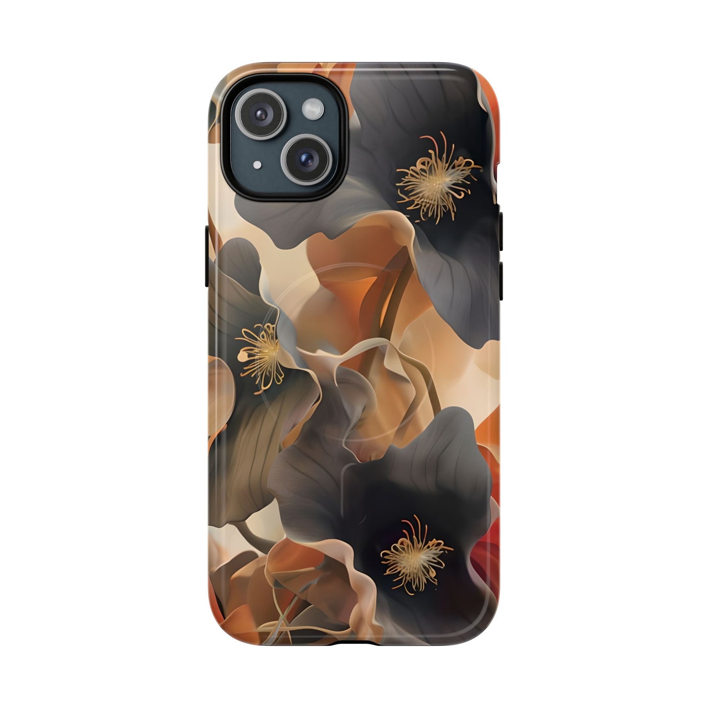 Autumn Ember iPhone 15 Plus MagSafe case featuring soft floral shapes in warm fall tones of orange, brown, and charcoal with an elegant abstract style.