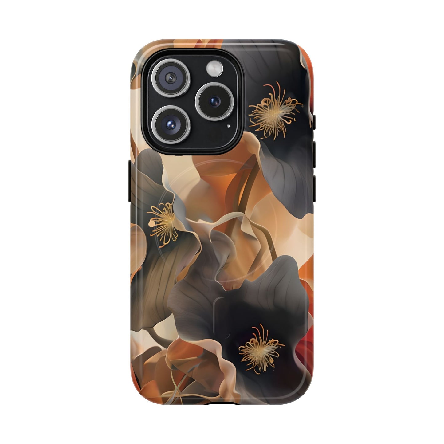 Autumn Ember iPhone 15 Pro MagSafe case featuring soft floral shapes in warm fall tones of orange, brown, and charcoal with an elegant abstract style.