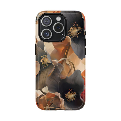 Autumn Ember iPhone 15 Pro MagSafe case featuring soft floral shapes in warm fall tones of orange, brown, and charcoal with an elegant abstract style.