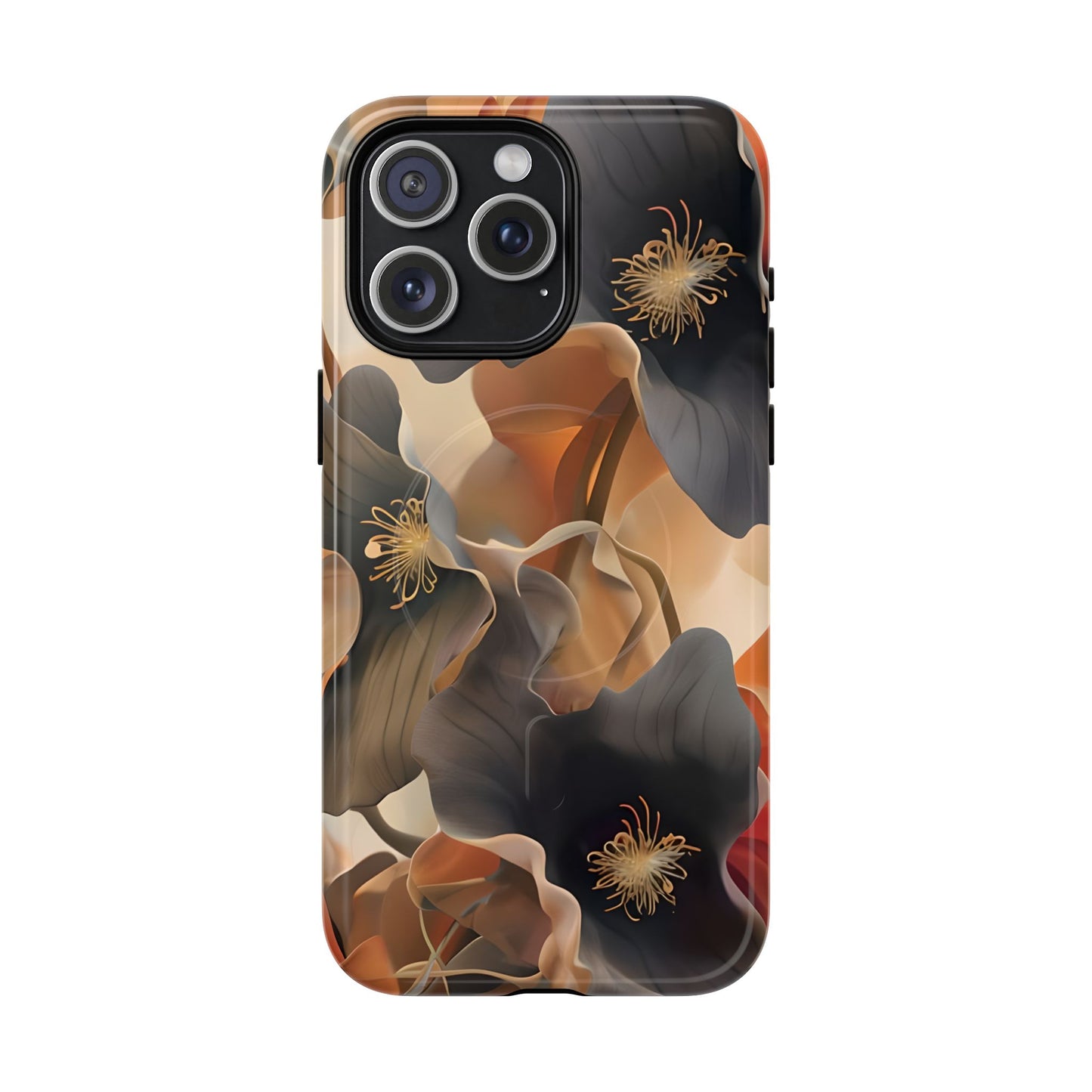 Autumn Ember iPhone 15 Pro Max MagSafe case featuring soft floral shapes in warm fall tones of orange, brown, and charcoal with an elegant abstract style.