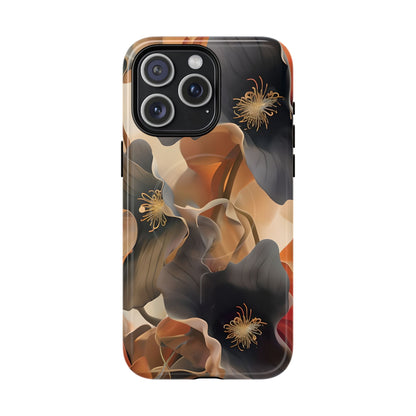 Autumn Ember iPhone 15 Pro Max MagSafe case featuring soft floral shapes in warm fall tones of orange, brown, and charcoal with an elegant abstract style.