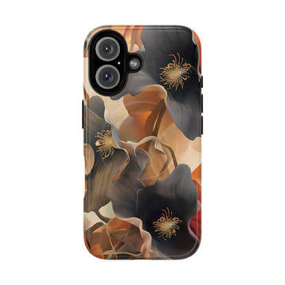 Autumn Ember iPhone 16 MagSafe case featuring soft floral shapes in warm fall tones of orange, brown, and charcoal with an elegant abstract style.