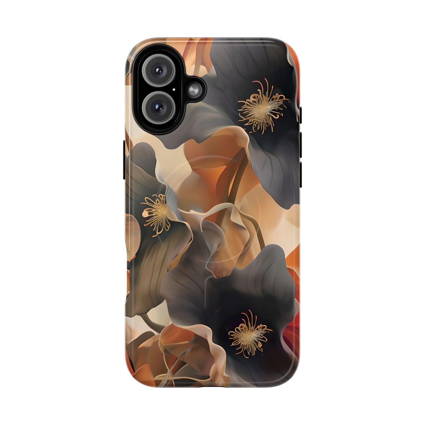 Autumn Ember iPhone 16 Plus MagSafe case featuring soft floral shapes in warm fall tones of orange, brown, and charcoal with an elegant abstract style.