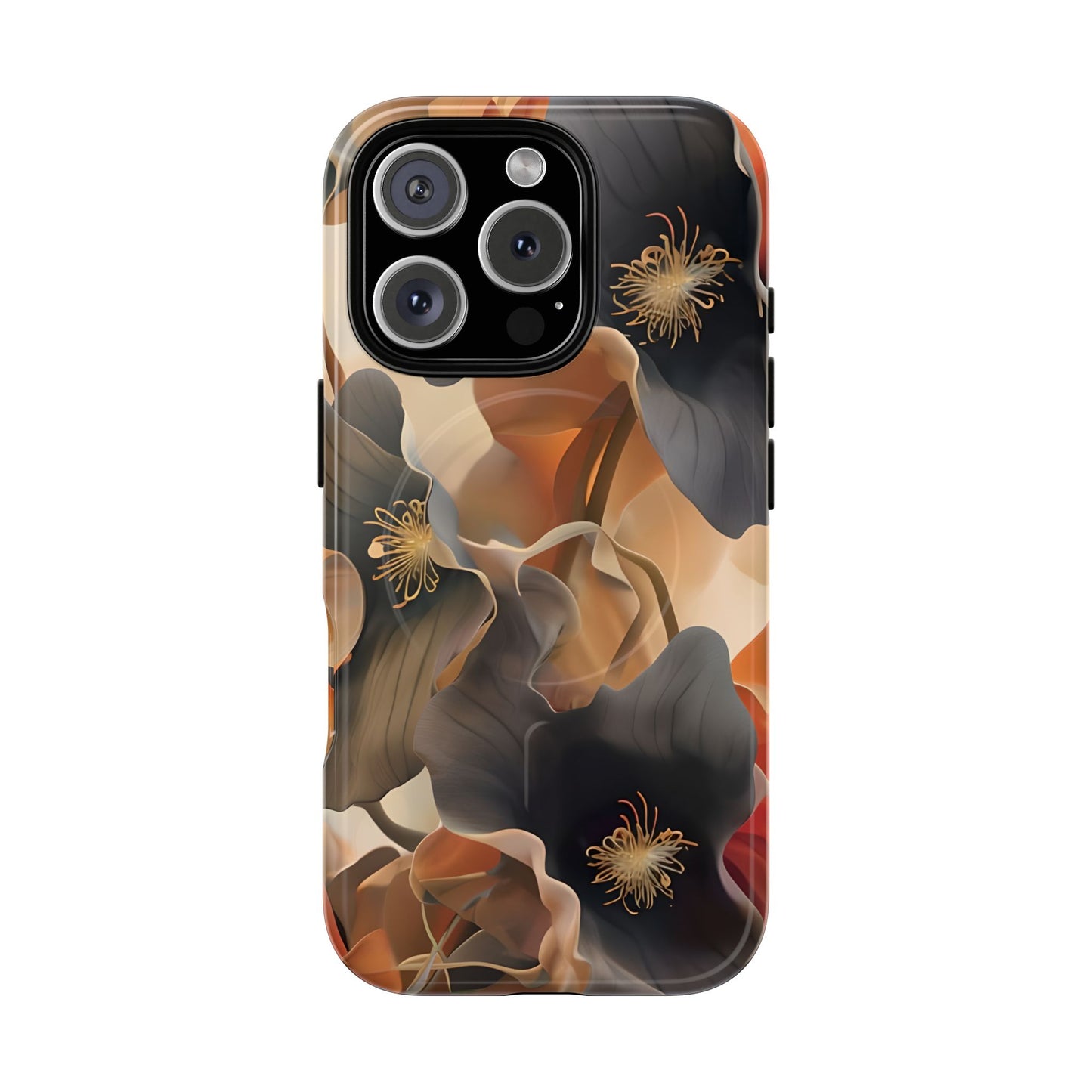 Autumn Ember iPhone 16 Pro MagSafe case featuring soft floral shapes in warm fall tones of orange, brown, and charcoal with an elegant abstract style.