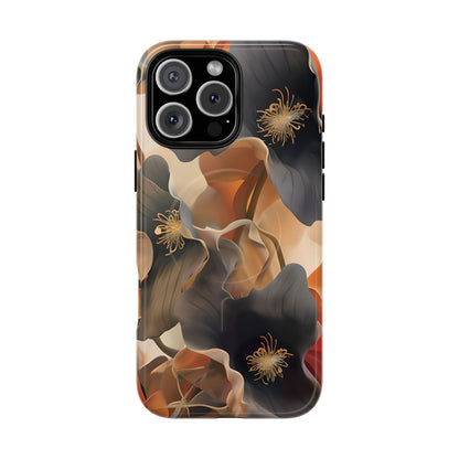 Autumn Ember iPhone 16 Pro Max MagSafe case featuring soft floral shapes in warm fall tones of orange, brown, and charcoal with an elegant abstract style.