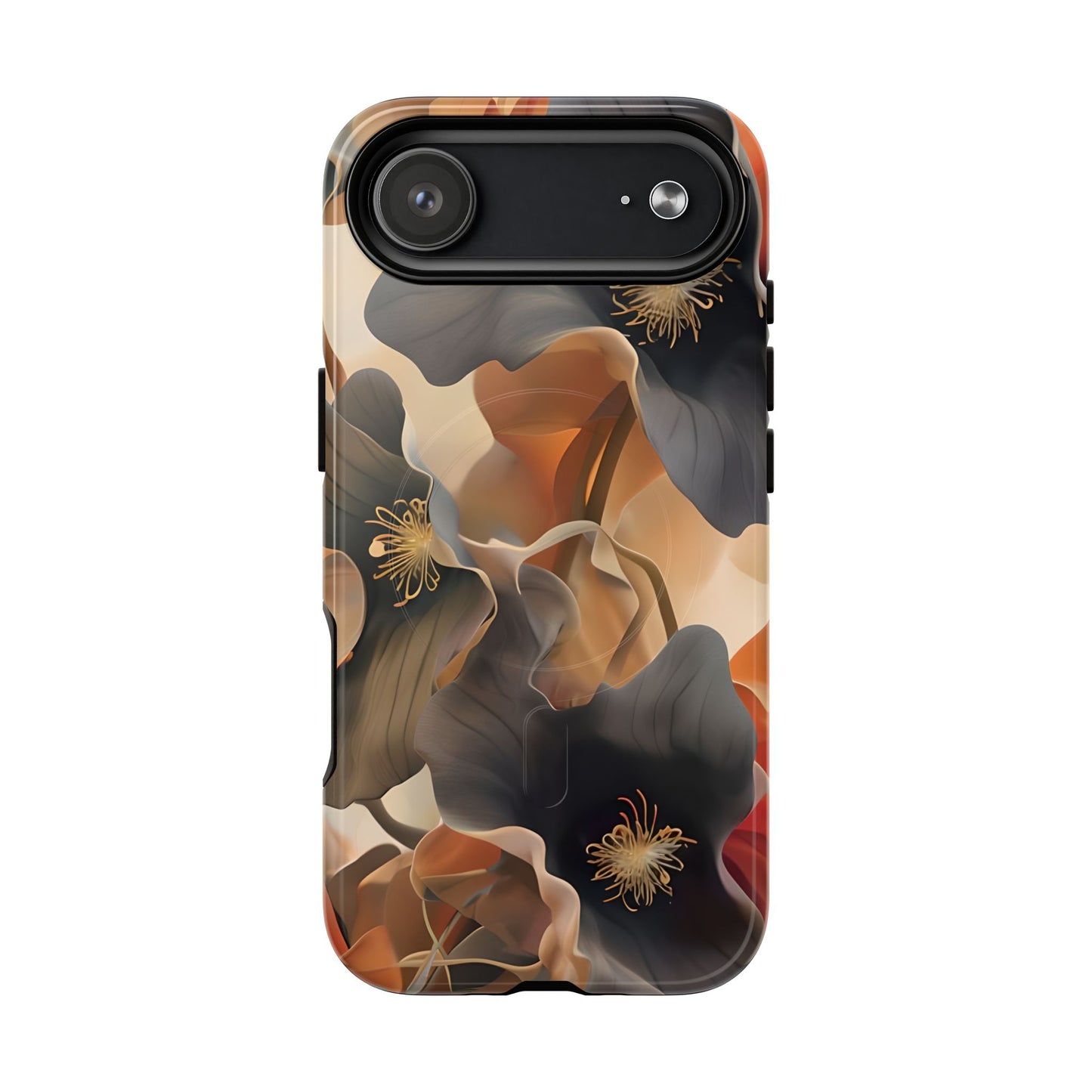 Autumn Ember iPhone 17 Air MagSafe case featuring soft floral shapes in warm fall tones of orange, brown, and charcoal with an elegant abstract style.